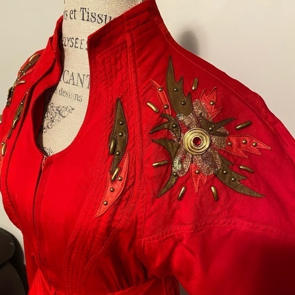 VINTAGE 80’s IIF Gold & Red Lace & Stud Embellished Cocktail Dress Long Sleeve S - Picture 7 of 9